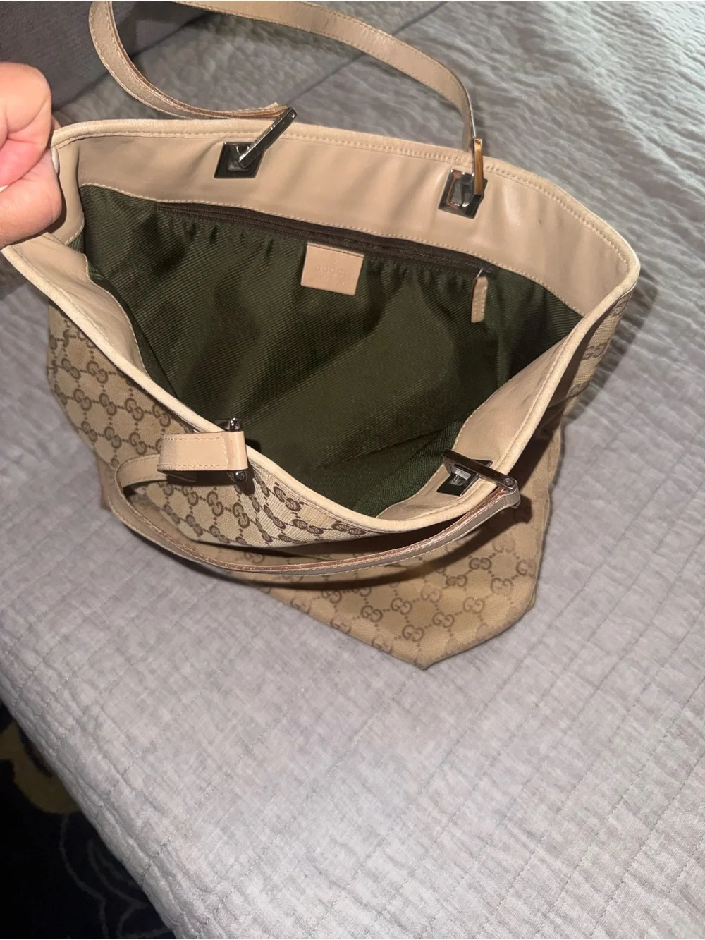 Gucci GG Canvas Tote Bag Beige Leather Trim Shoulder Bag Authentic Italy - Picture 5 of 7